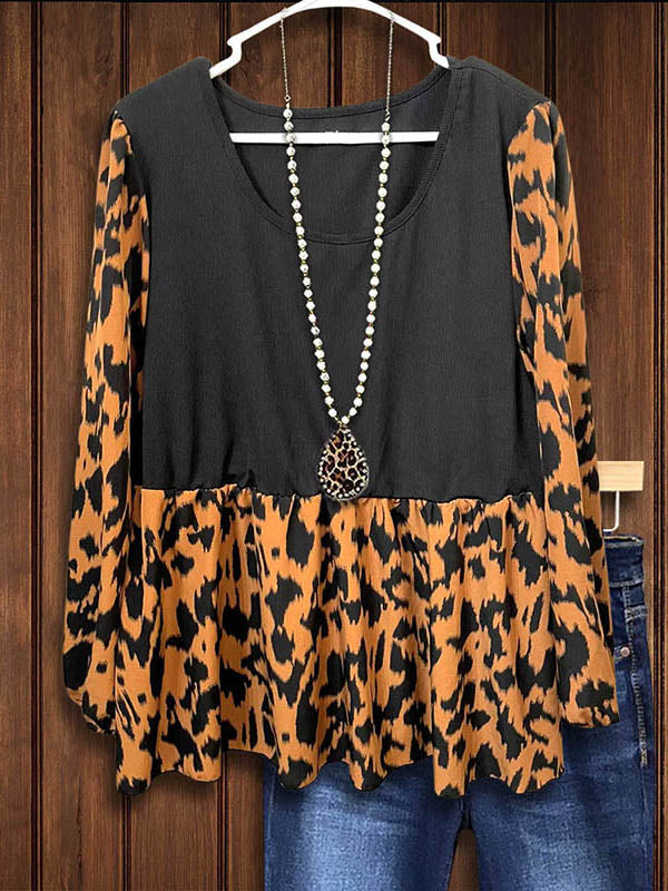 Leopard Print Patchwork Pleated Blouse