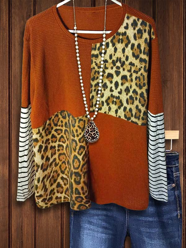 Leopard Print Striped Patchwork Top