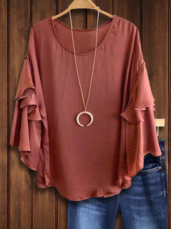 Round Neck Layered Ruffle Sleeve Blouse