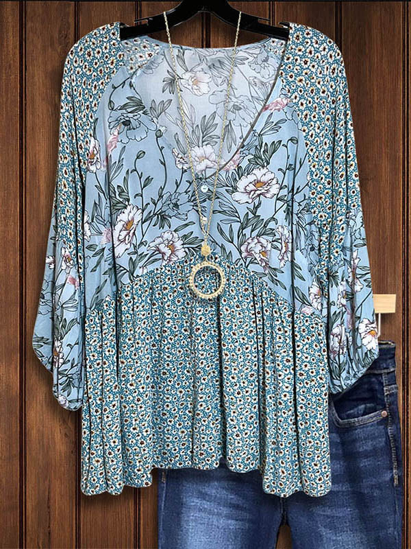 Leopard Floral Mixed Print Puff Sleeve Blouse