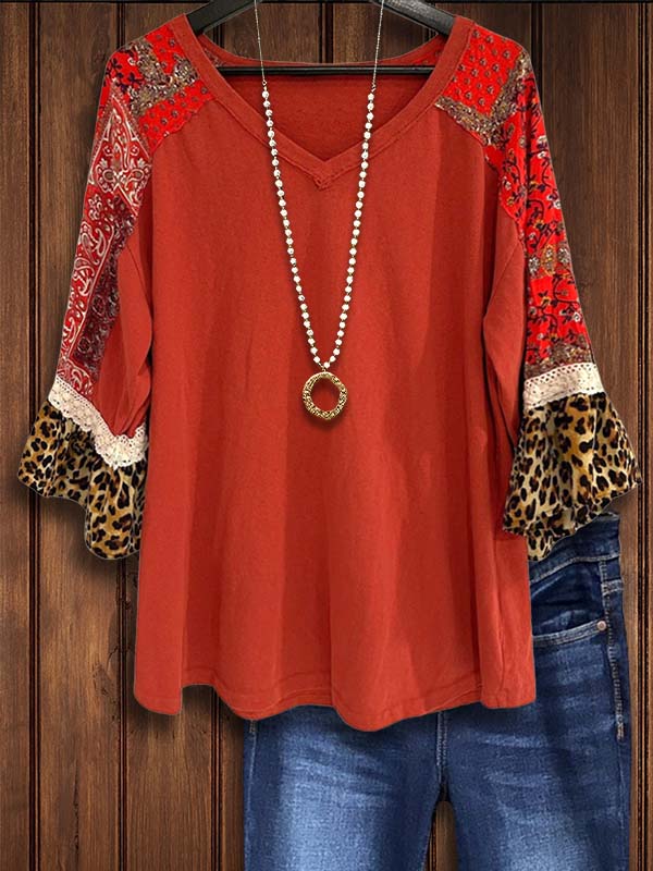 Ethnic Leopard Mixed Print Patchwork Blouse