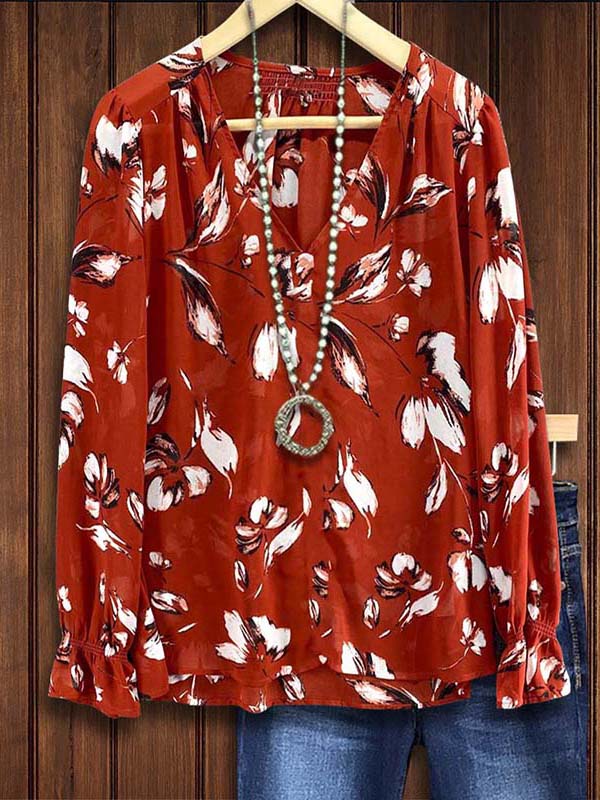 Temperament V-Neck Floral Print Blouse