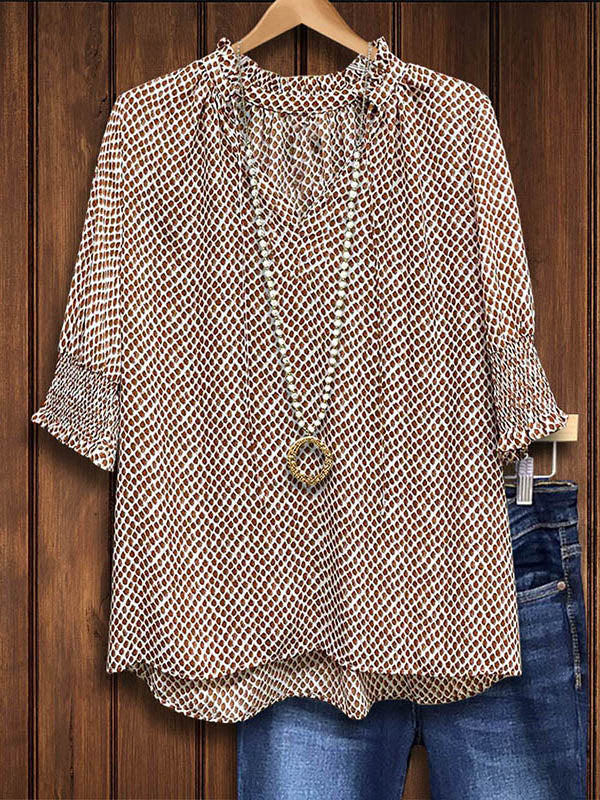 Brown Dotted Print Gathered Sleeve Blouse