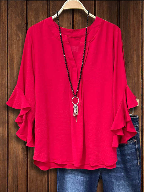 Red Split Collar Ruffle Sleeve Blouse