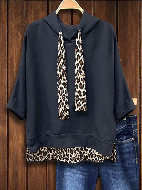 Leopard Print Patchwork Drawstring Hoodie