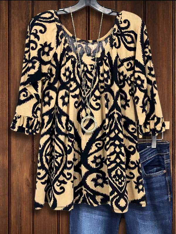 Tribal Print Pleated Ruffle Sleeve Blouse