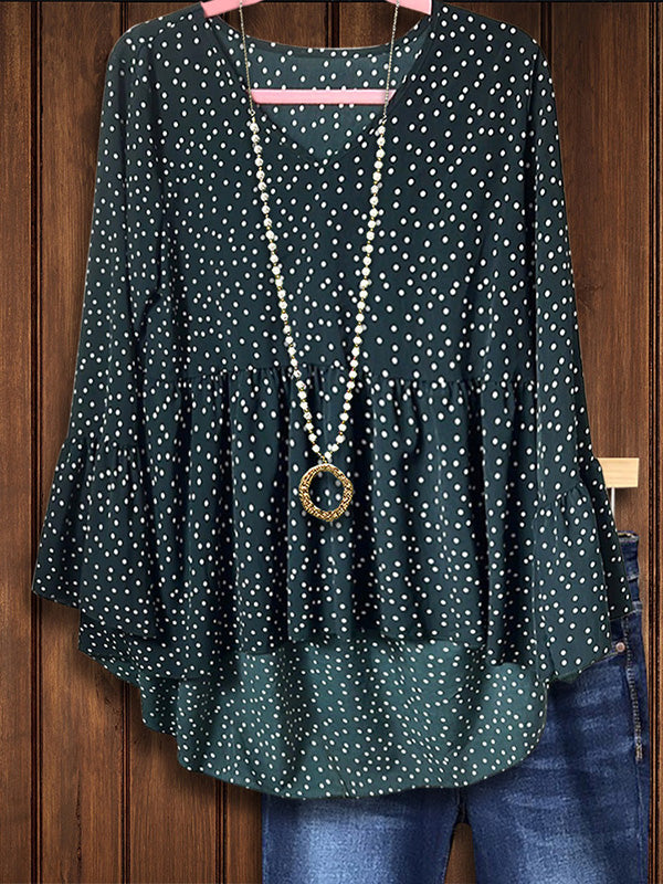 Dot Print Babydoll Ruffle Blouse