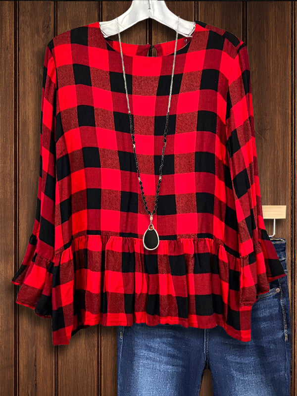 Red Check Ruffle Babydoll Blouse