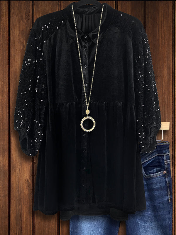 Sequin & Velvet Patchwork Puff Sleeve Dress