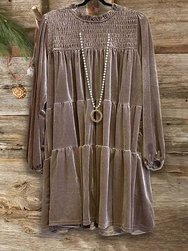 Brown Velvet Tiered Gathered Dress