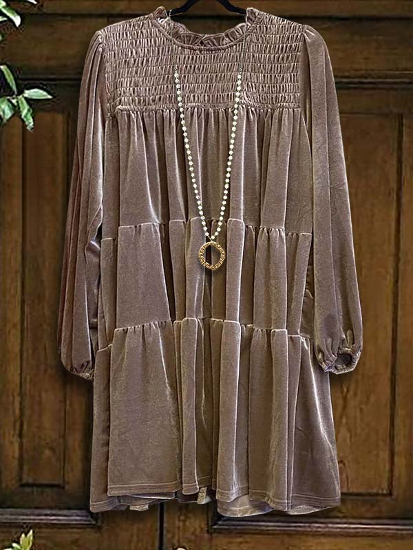 Brown Velvet Tiered Gathered Dress