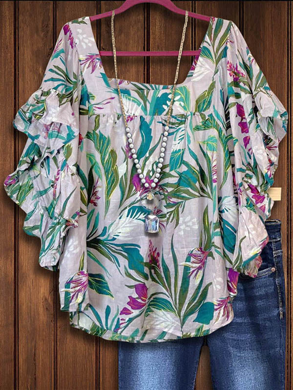 Resort Style Natural Print Ruffled Blouse