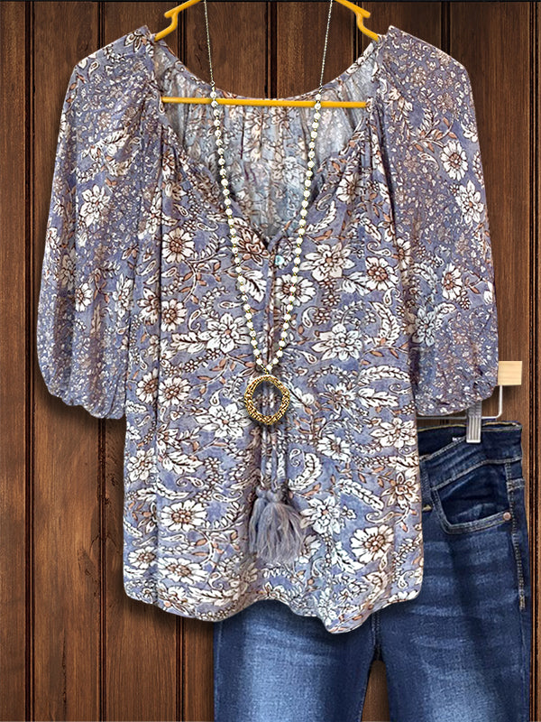 Ethnic Retro Floral Casual Blouse