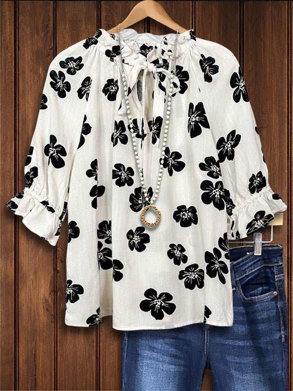 Black And White Flower Ruffled Casual Blouse