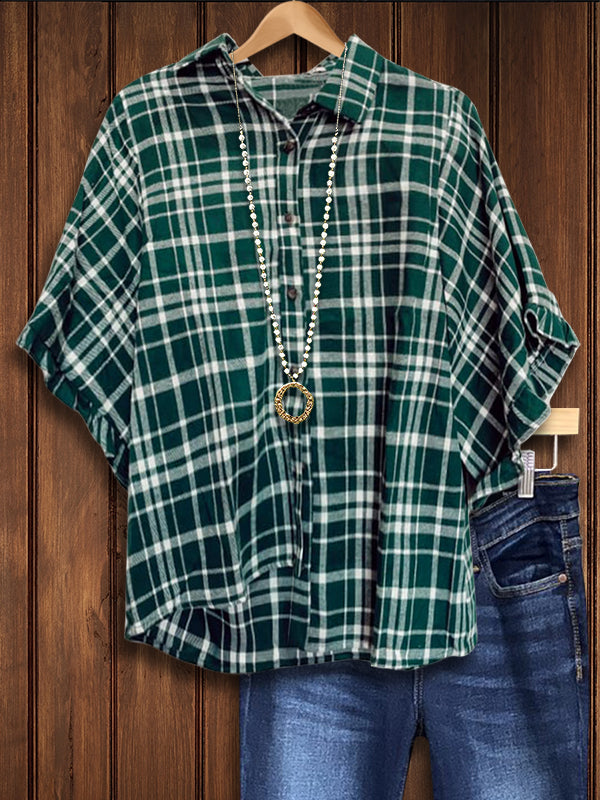 Classic Plaid Dolman Sleeve Ruffle Casual Blouse