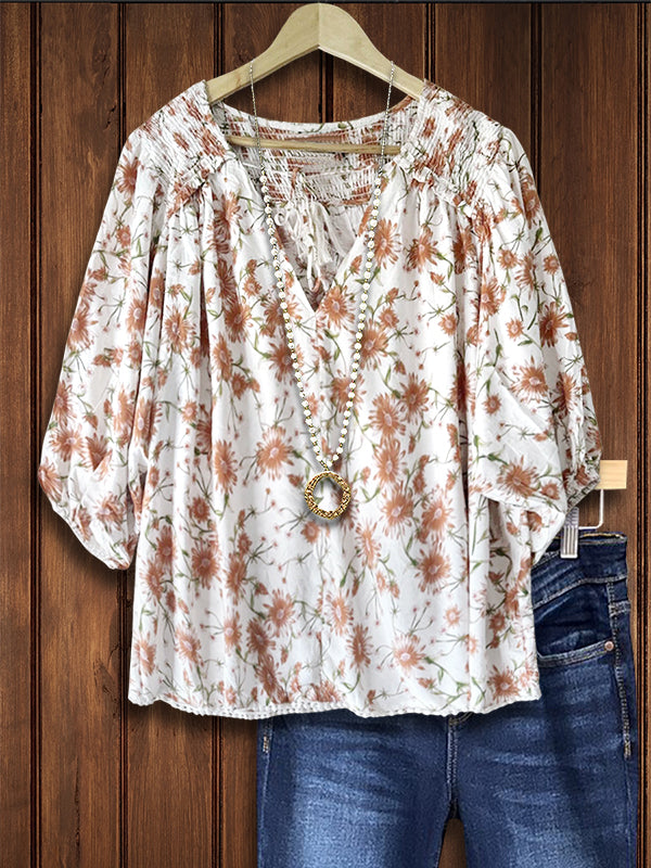 Floral Pleated Casual Blouse