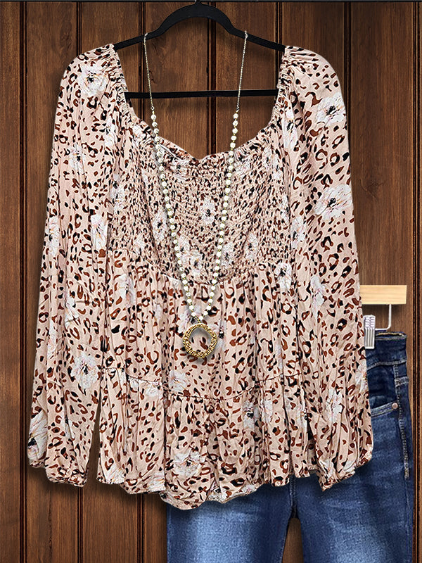 Leopard Print Floral Pleated Casual  Blouse