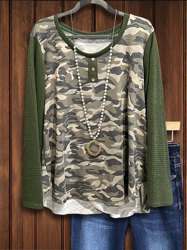 Waffle Camouflage Patchwork Casual Top