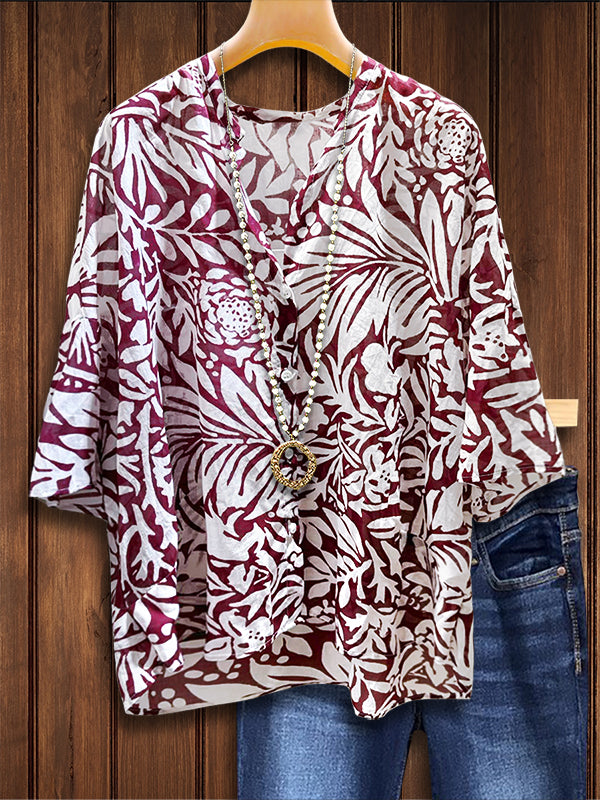 Leaf Print Ruffled Casual Blouse