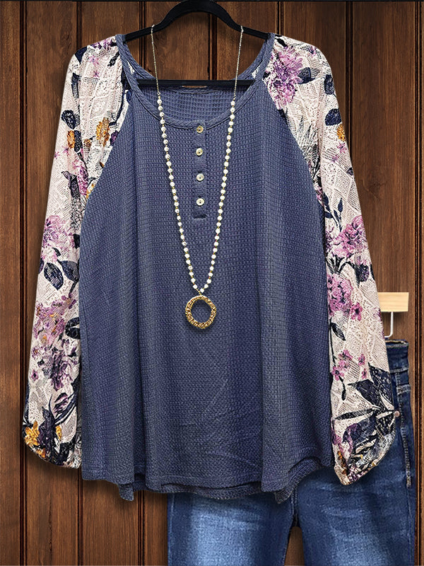 Lace Floral Panel Casual Blouse