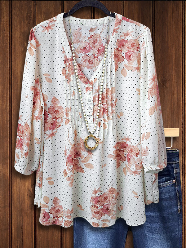 Polka Dot Floral Pleated Casual Blouse