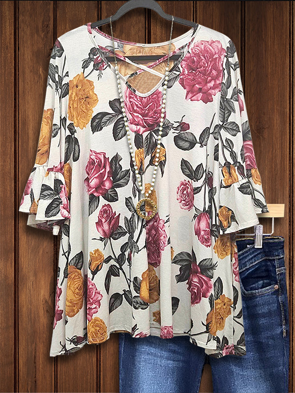 Floral Print Ruffled Casual Blouse