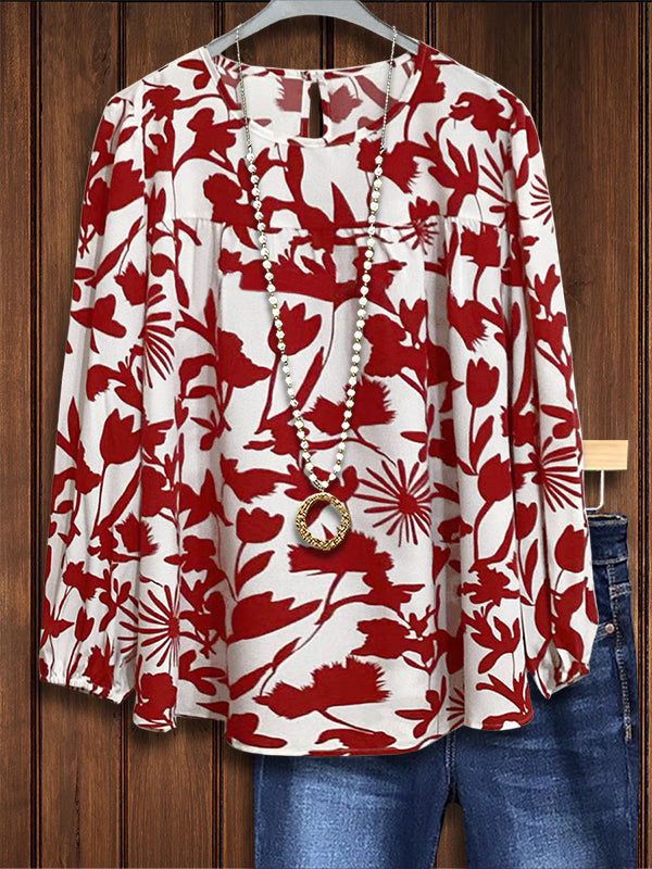 Red And White Silhouette Floral Print Casual Blouse