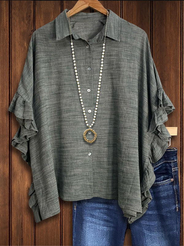 Solid Ruffled Dolman Sleeve Casual Blouse