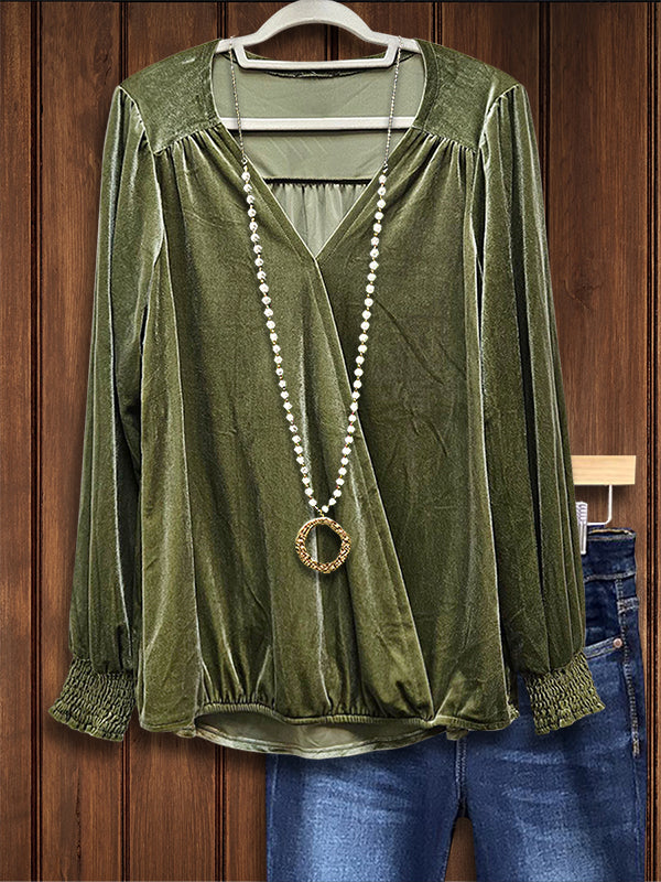 Solid Color Cross Collar Velvet Casual Blouse