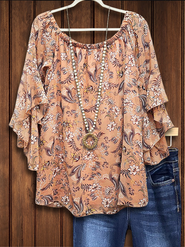 Ethnic Floral Ruffle Casual Blouse