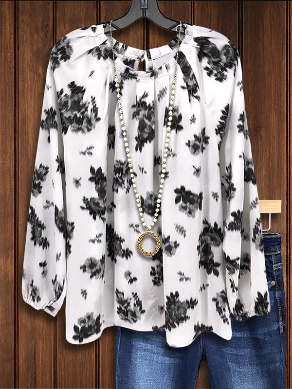 Black And White Floral Pleated Fashionable Blouse