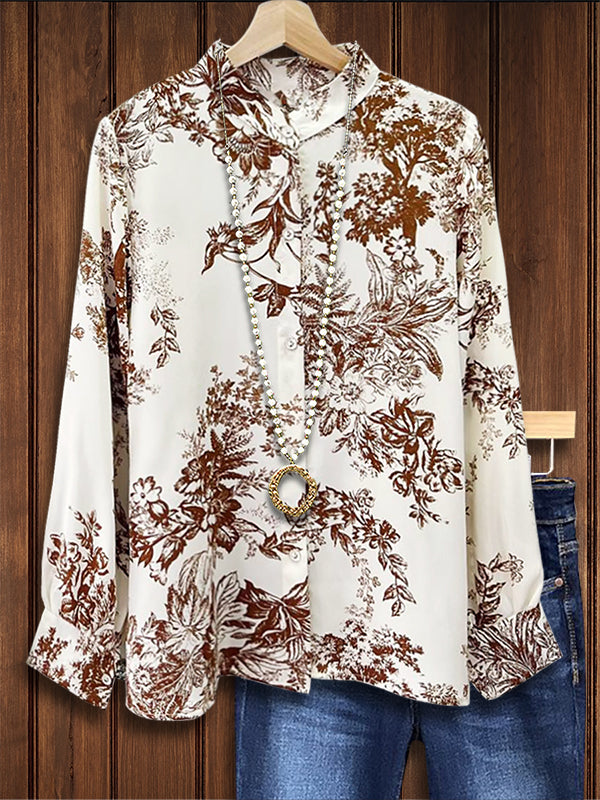 Vintage Nature Print Casual Blouse