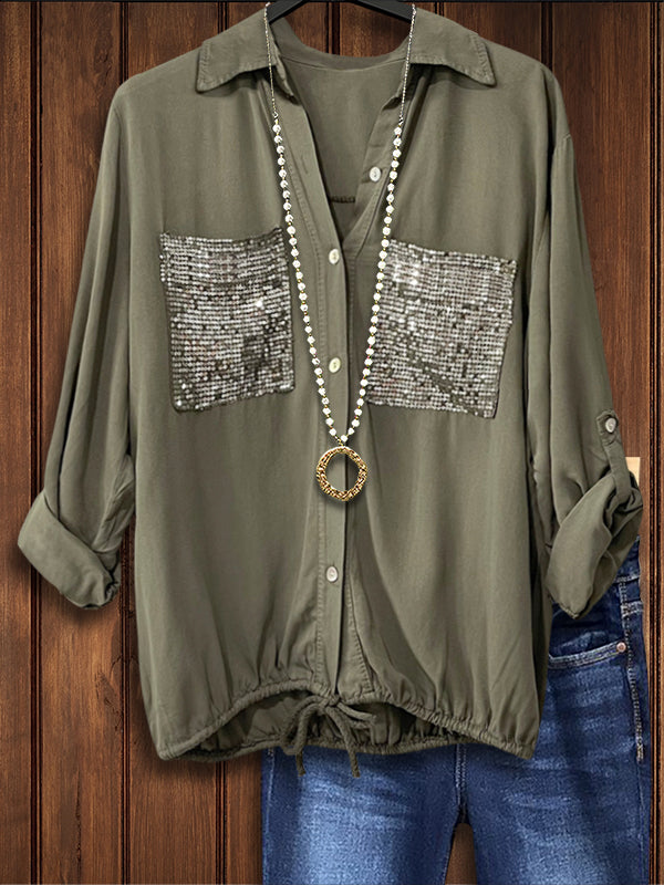 Sequin Patch Pocket Paneled Casual Top