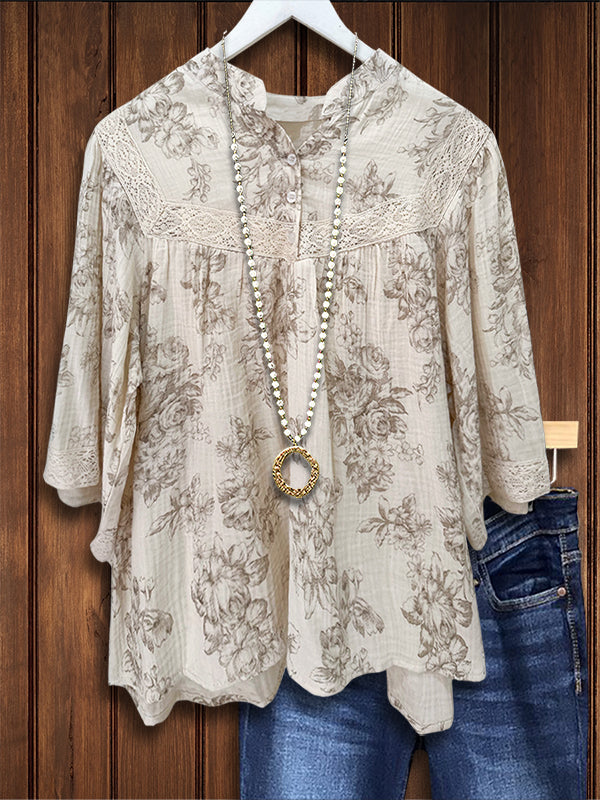 Pastoral Floral Patchwork Lace Casual Blouse