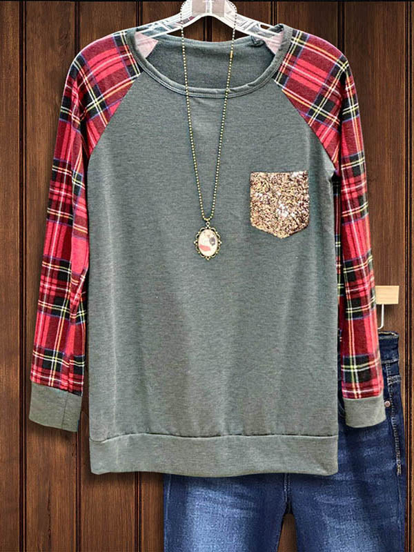 Classic Plaid Patchwork Sequin Patch Pocket Casual Top