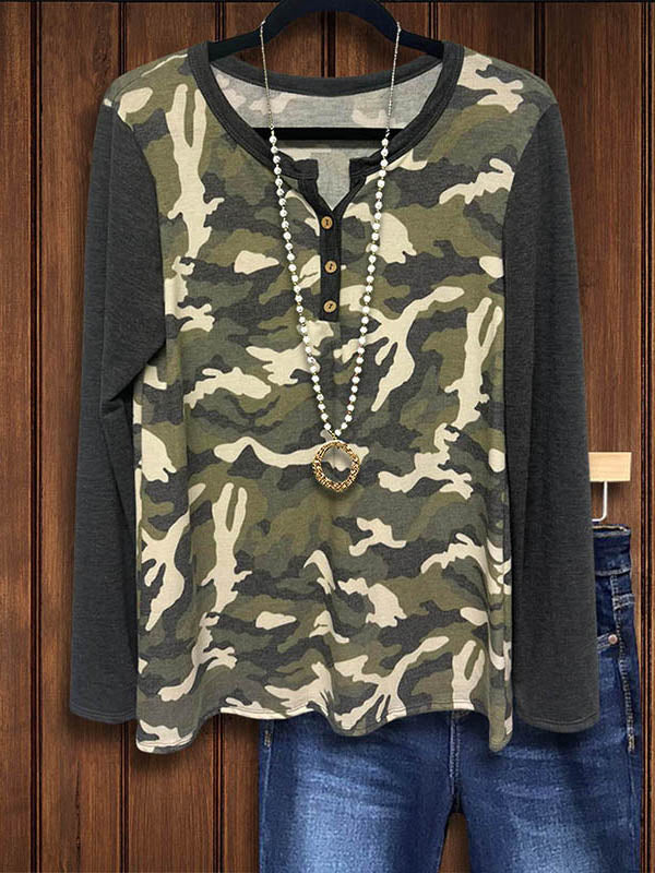 Camouflage Print Patchwork Casual Top