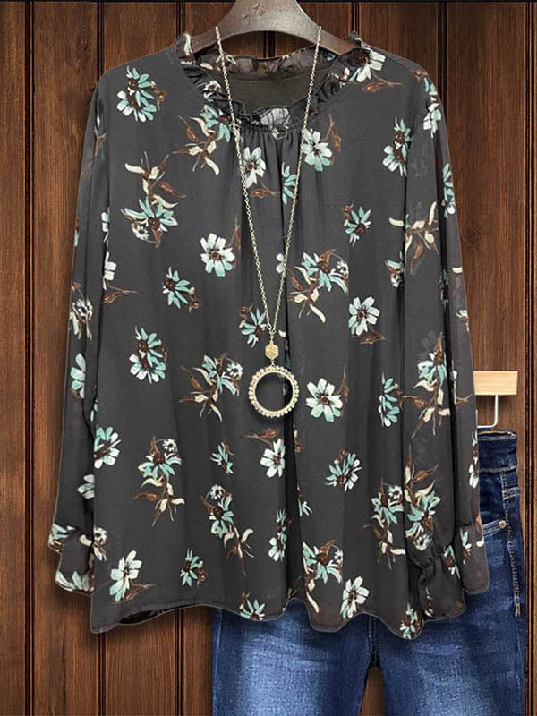 Floral Print Ruffled Casual Blouse