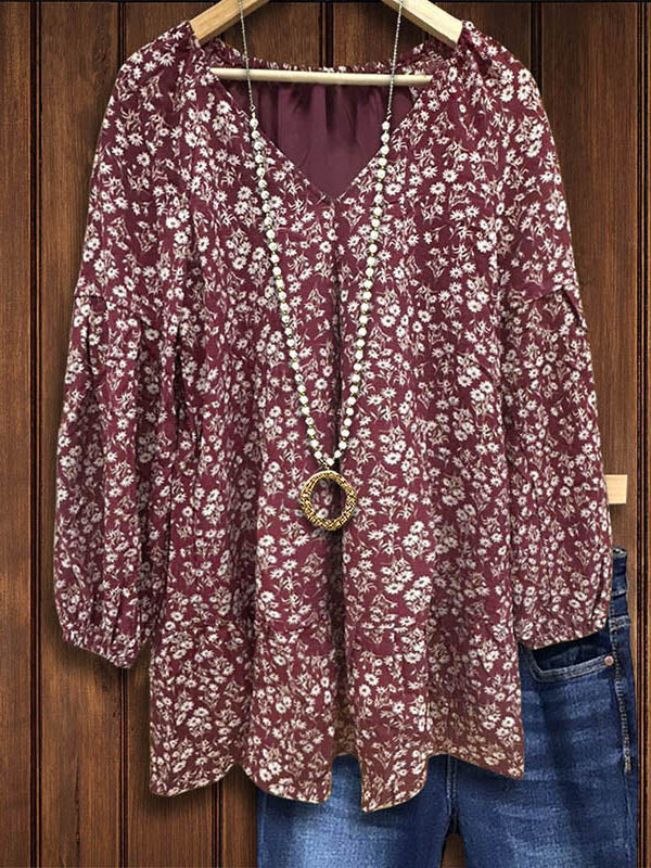 Retro Floral Lantern Sleeve Casual Blouse