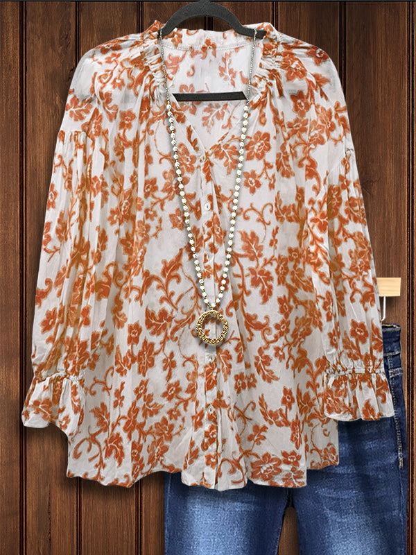 Natural Floral Ruffle Casual Blouse