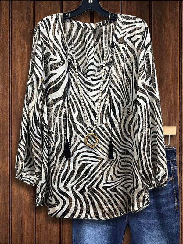 Zebra Print Fringed Casual Blouse