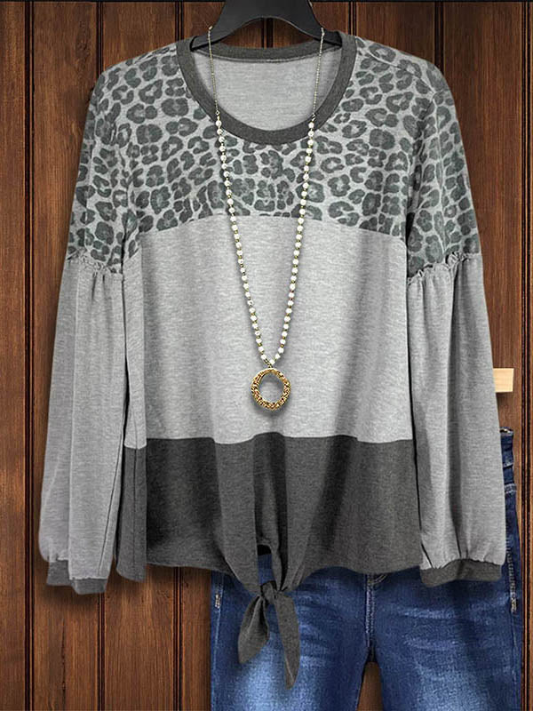 Leopard Print Patchwork Lace-Up Casual Top