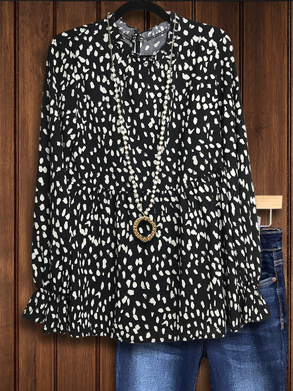 Irregular Dot Print Ruffle Casual Blouse