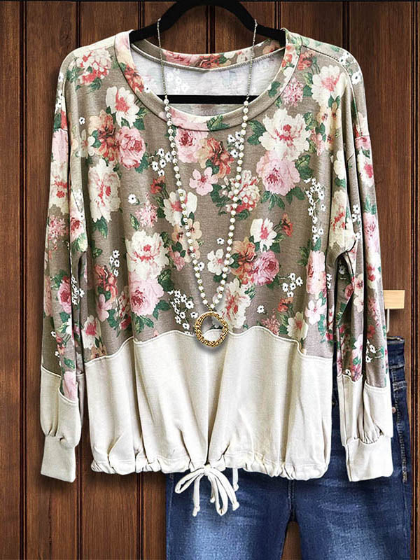 Natural Floral Lace-Up Casual Top