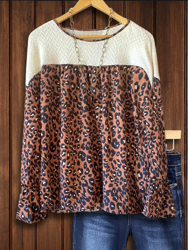 Leopard Print Paneled Ruffled Casual Blouse