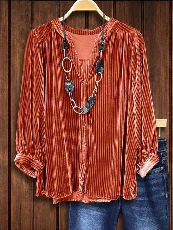 Solid Color Striped Textured Velvet Blouse