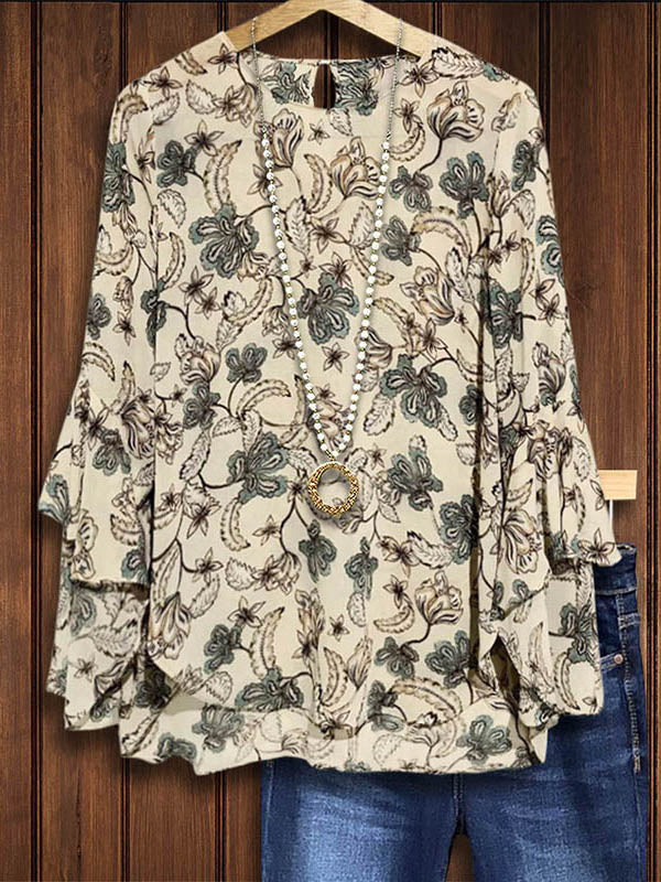 Vintage Tribal Print Ruffled Casual Blouse