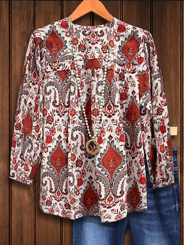 Vintage Tribal Print Ruffled Casual Blouse