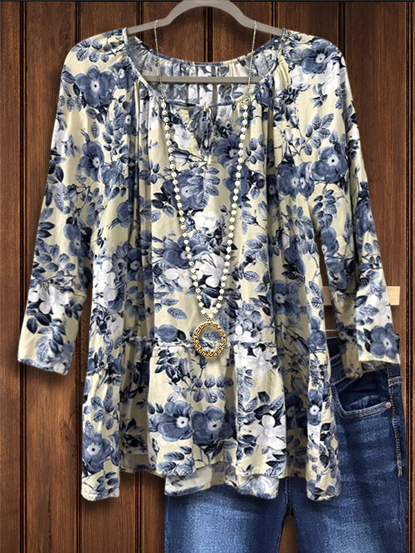 Retro Blue Floral Print Casual Blouse