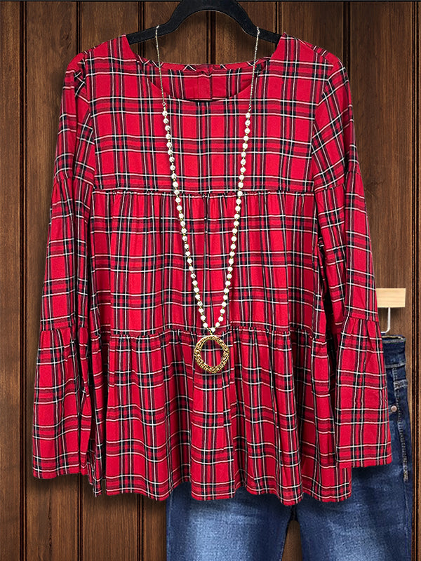 Vintage Red Plaid Casual Blouse