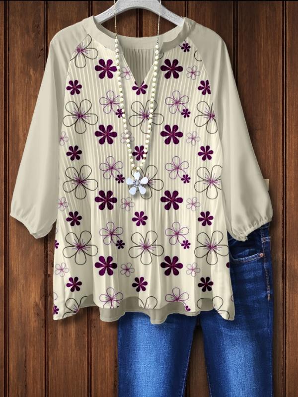 Purple Floral Pleated Top